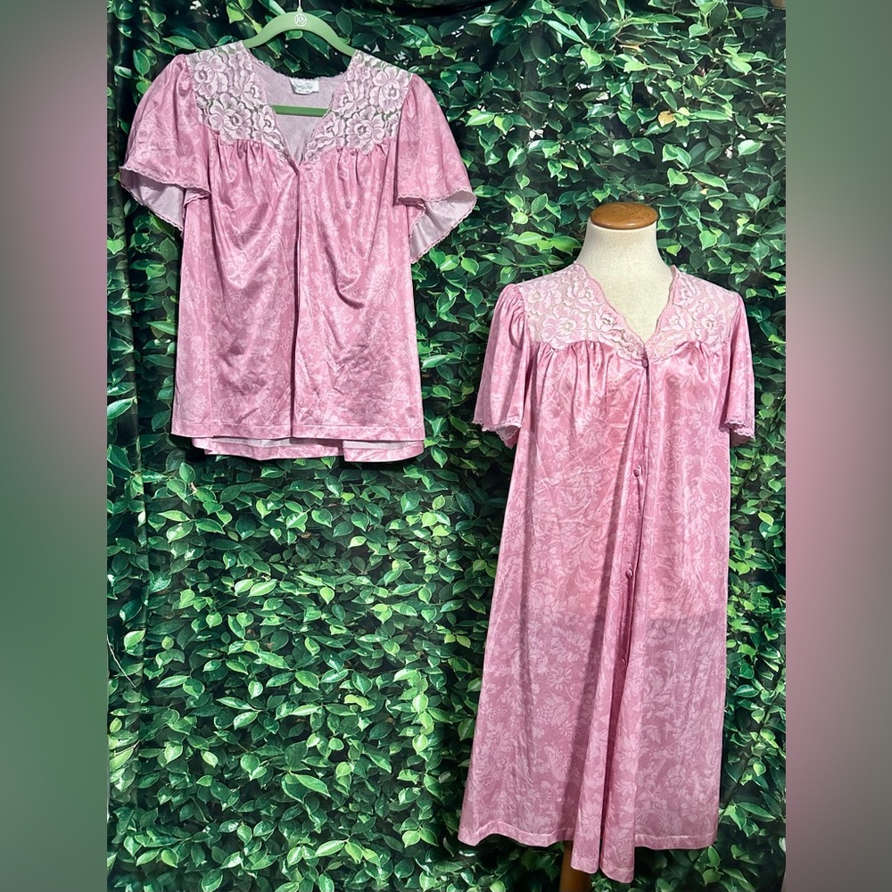 Vintage 80s Vanity Fair Shirt House Coat Sleep Set Pink Lace Polyester Women’s M
